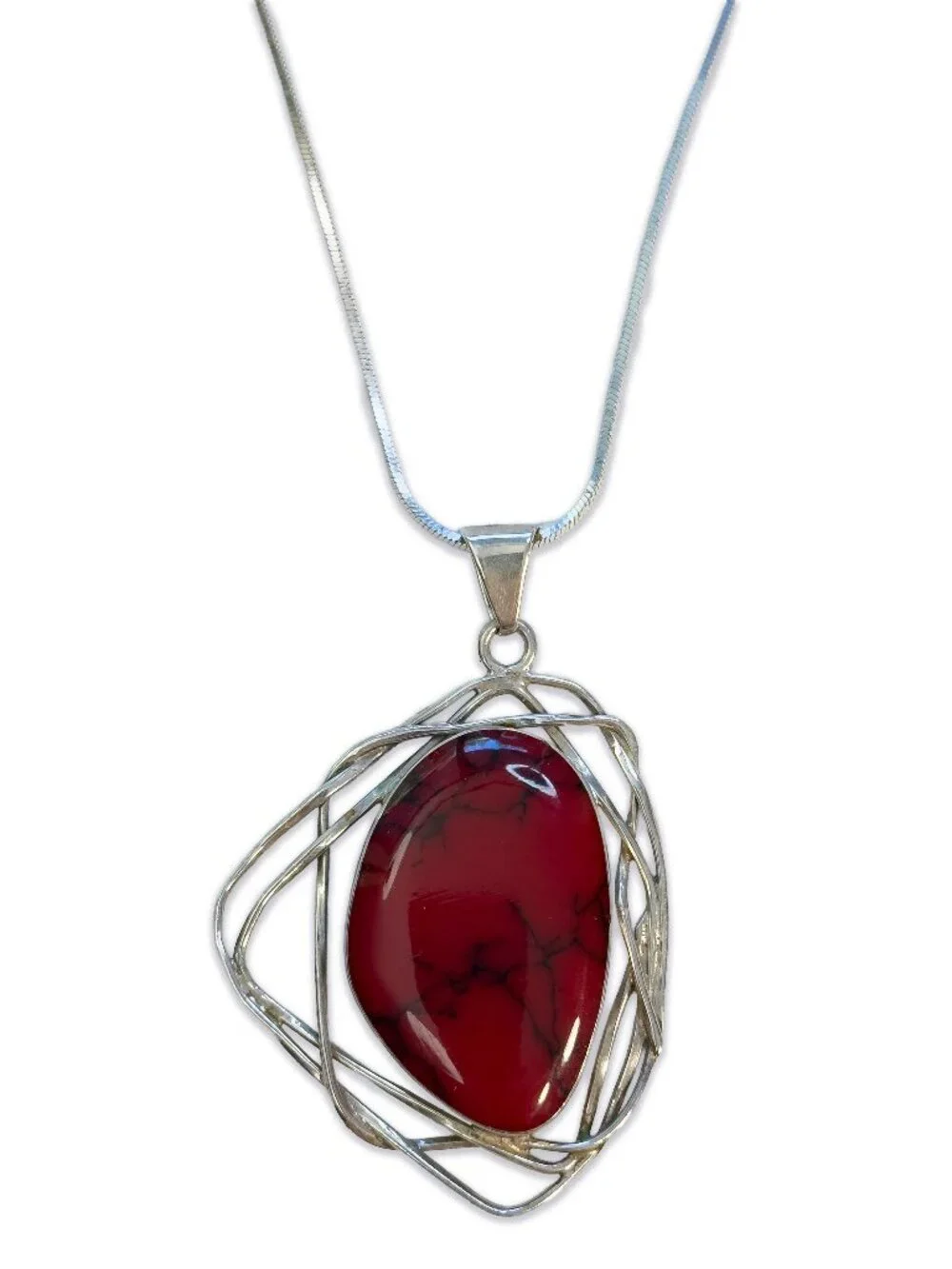 Mexican Red Jasper Sterling Silver Wire Pendant Italian 925 FAS Chain Necklace
